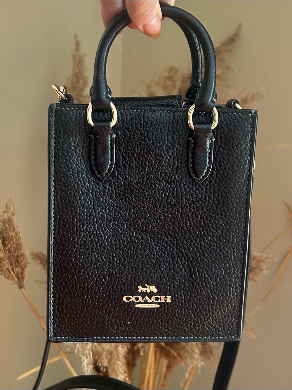 Coach Black Pebbled Leather Mini Tote with Gold Logo